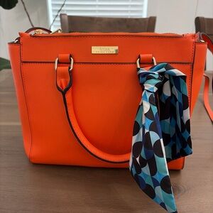 Trina Turk Vibrant Orange Satchel w/Patterned Scarf-adjustable crossbody strap